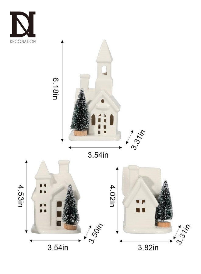 DN DECONATION Light up Christmas Decor Ceramic Village Houses, 3Pcs White Christmas Porcelain Villages with Frosted Trees, Holiday House Figurines Xmas Village Sets for Winter Table Decoration Indoor - Image 3